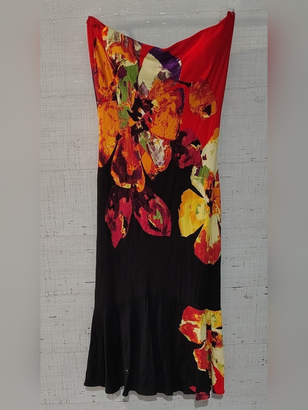 Striking Fiery Red on Black Strapless Midi Bodycon VTG 90's Dress by Cache Sz S - Picture 2 of 6